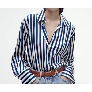 ZARA Blue & White Striped Satin Button Up Shirt Size S Office Siren Blouse